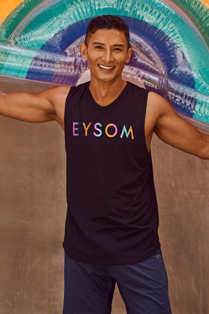 EYSOM Standard Muscle Tee in Black with Rainbow Foil Logo on Model with Rainbow Floaty