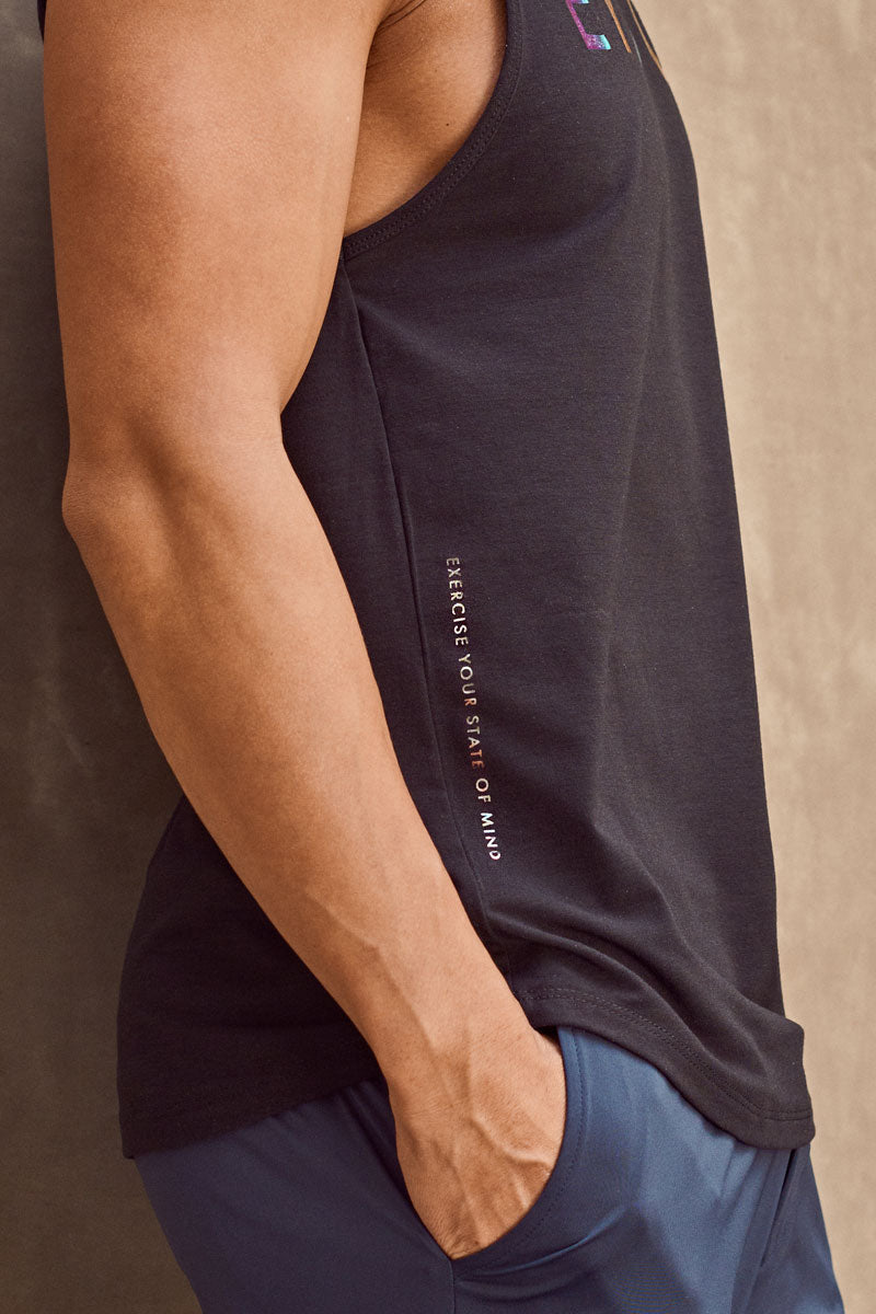 EYSOM Standard Muscle Tee in Black with Rainbow Foil Logo on Model Detail View