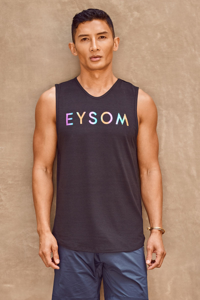 EYSOM Standard Muscle Tee in Black with Rainbow Foil Logo on Model Front View
